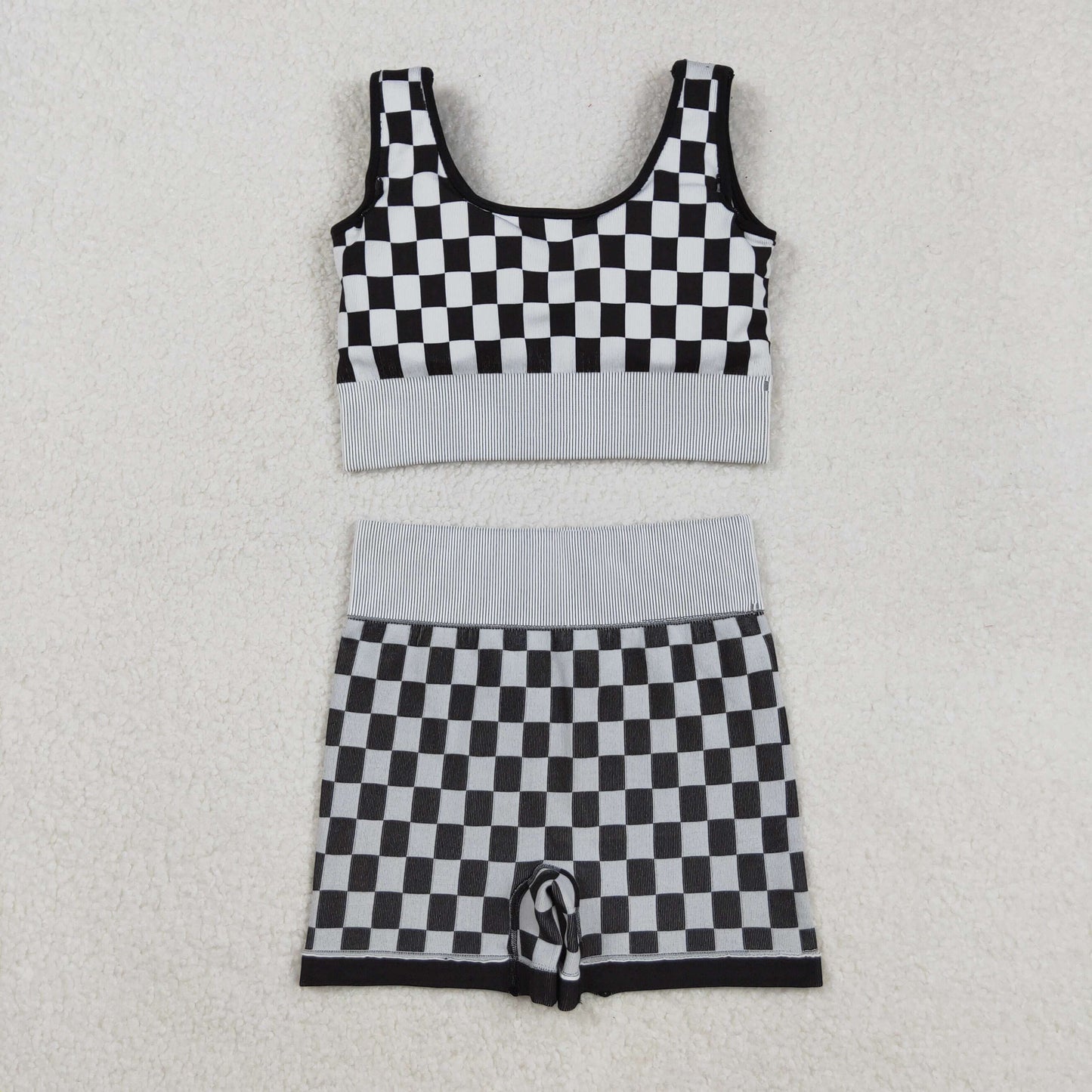 GSSO2703 Adult Women Sleeveless Black Plaid Vests Top Short Sets D 904
