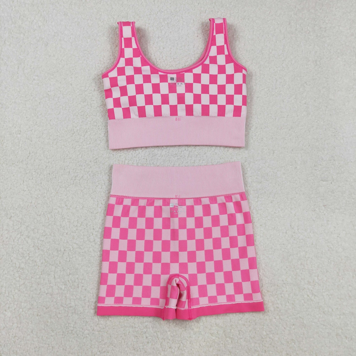 GSSO2704 Adult Women Pink Checkered Crop Bra Top Shorts Yoga Outfits Sets  D 903