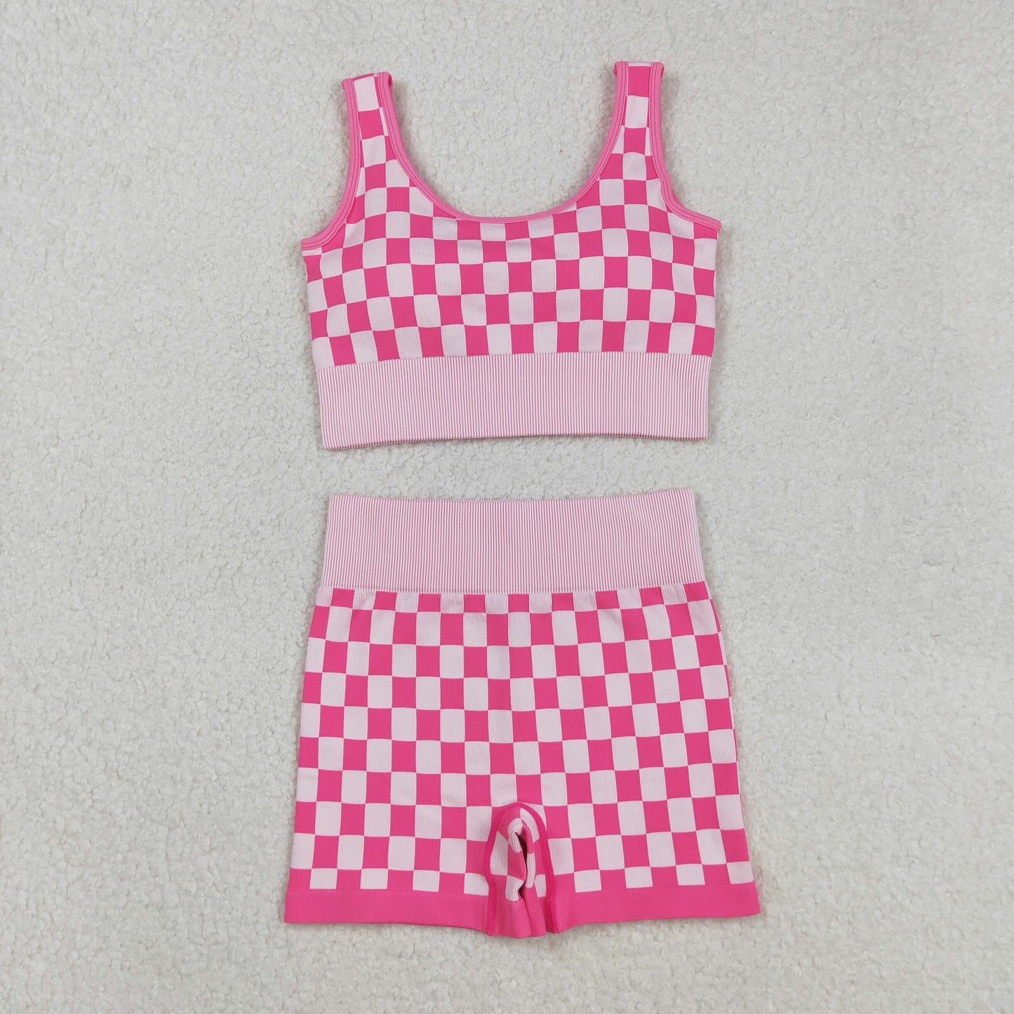 GSSO2704 Adult Women Pink Checkered Crop Bra Top Shorts Yoga Outfits Sets  D 903
