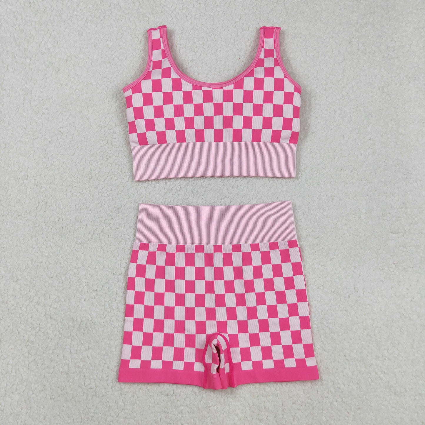 GSSO2704 Adult Women Pink Checkered Crop Bra Top Shorts Yoga Outfits Sets  D 903