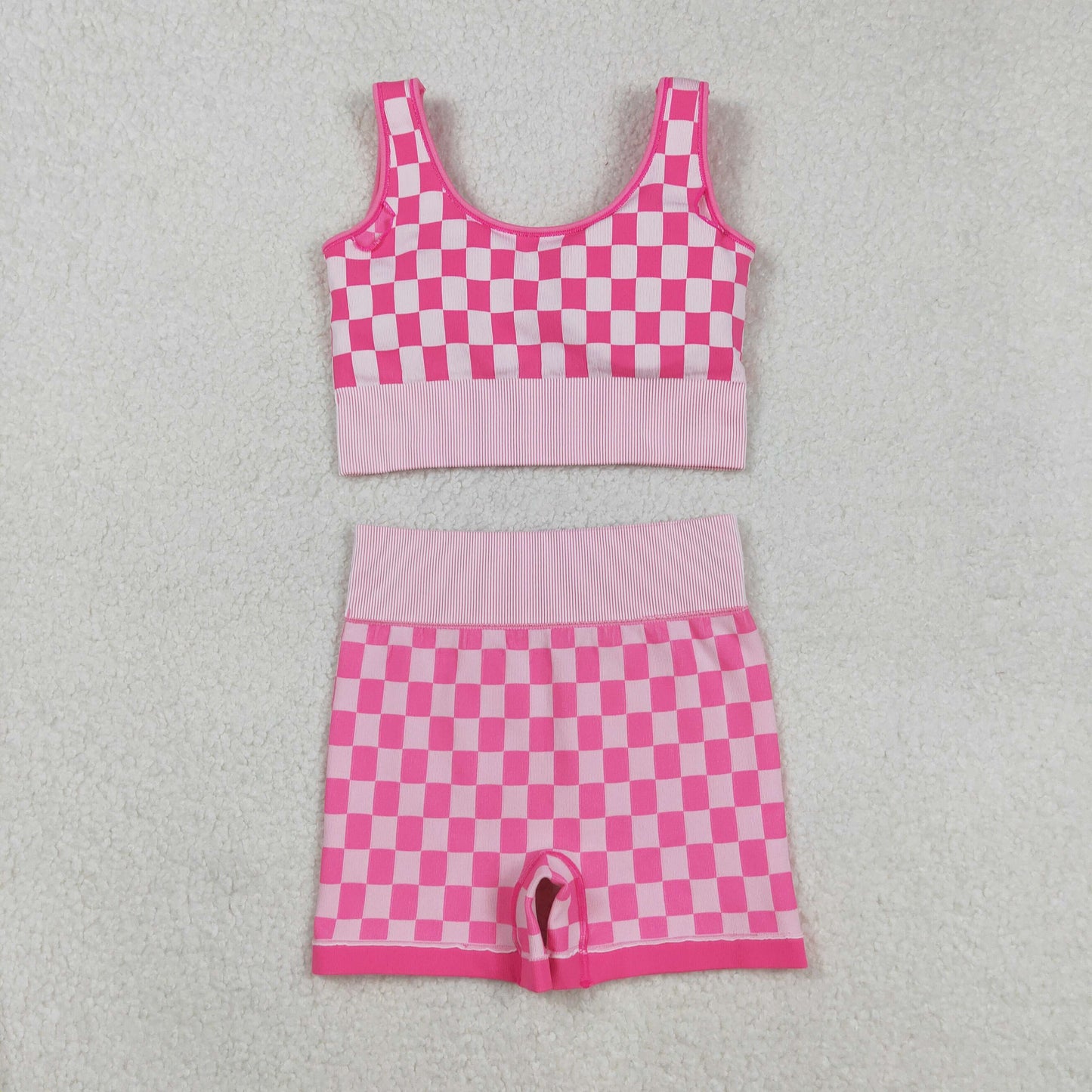 GSSO2704 Adult Women Pink Checkered Crop Bra Top Shorts Yoga Outfits Sets  D 903
