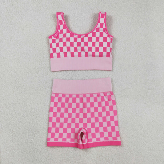 GSSO2704 Adult Women Pink Checkered Crop Bra Top Shorts Yoga Outfits Sets D 903
