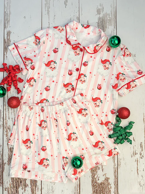 presale GSSO2706 Baby Girls Pink Stripe Santa Stars Button Top Shorts Christmas Pajamas Sets  D 918