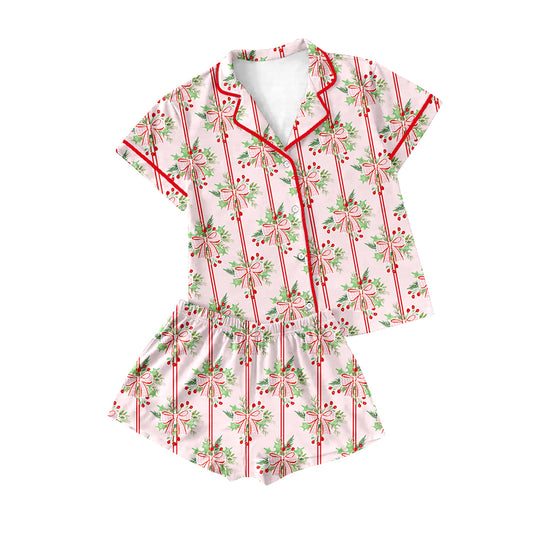 presale GSSO2707 Baby Girls Pink Bows Holly Stripe Button Top Shorts Christmas Pajamas Sets D 918