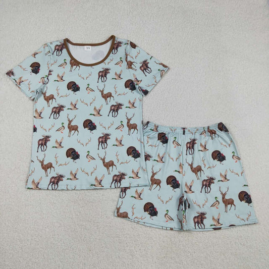 GSSO2711  Adult Women Turkey Deer Ducks Top Shorts Hunting Pajamas Sets  D 1204