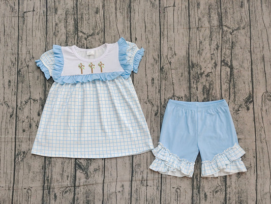 presale GSSO2718 Embroidery Crosses Baby Girls Blue Checked Tunic Ruffle Shorts Easter Clothes Sets D 1013
