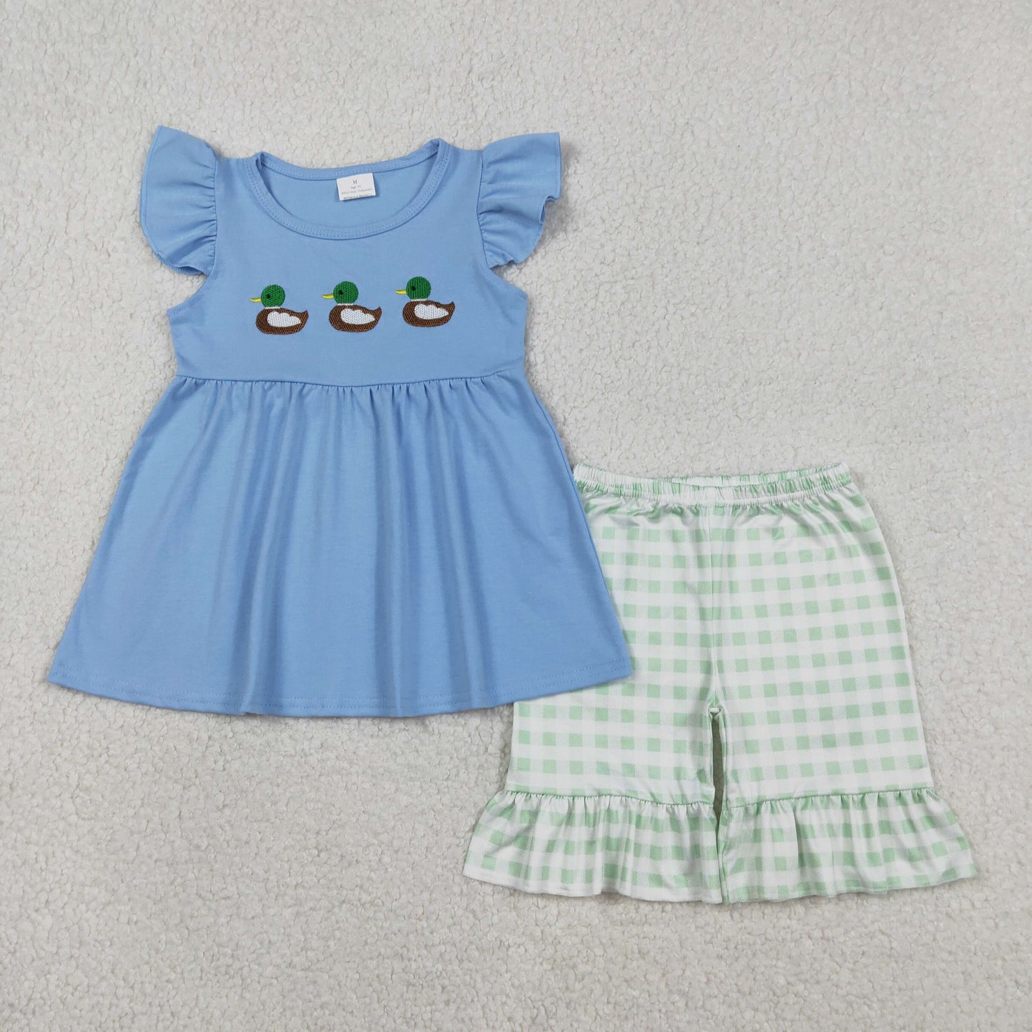 Baby Girl Embroidery Blue Duck Shorts Set