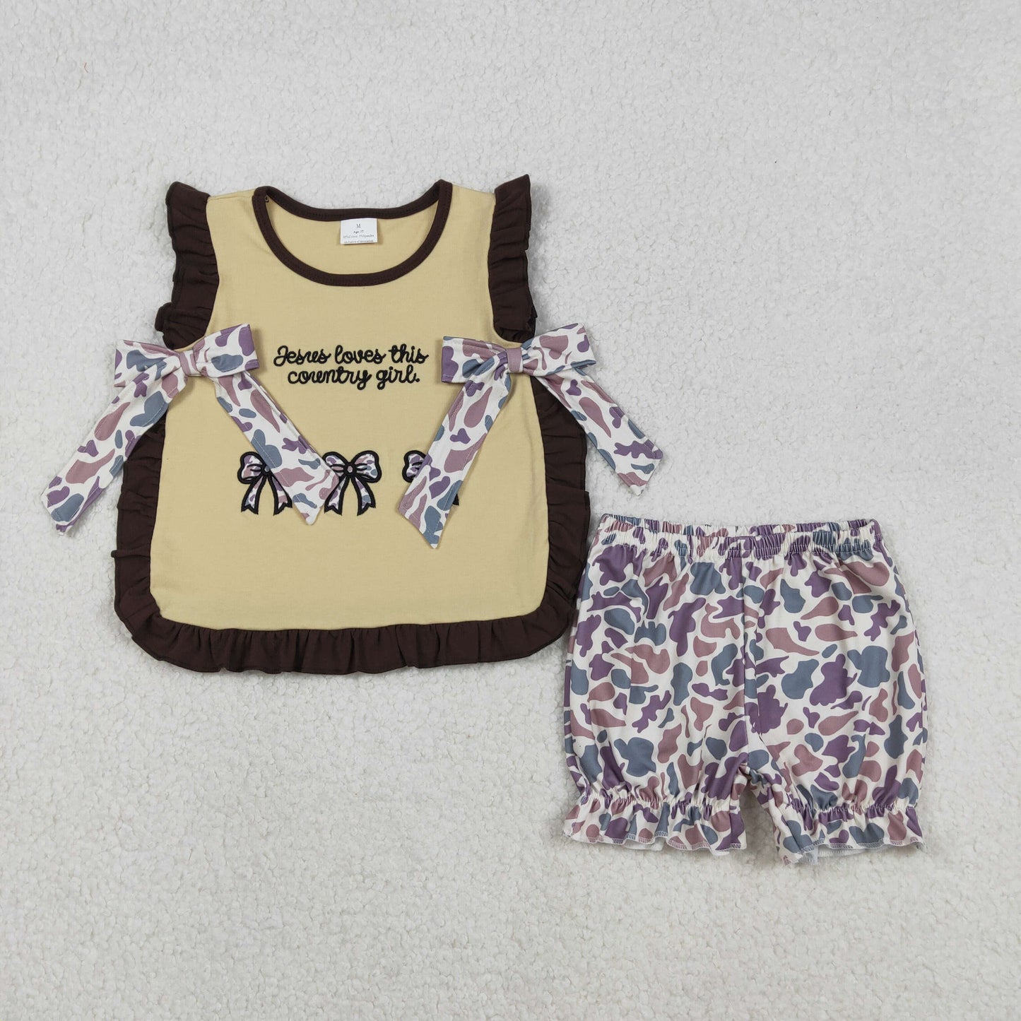 GSSO2730 Embroidery Jesus Love Me Camo Bows Baby Girls Top Ruffle Shorts Clothes Sets  D 1206