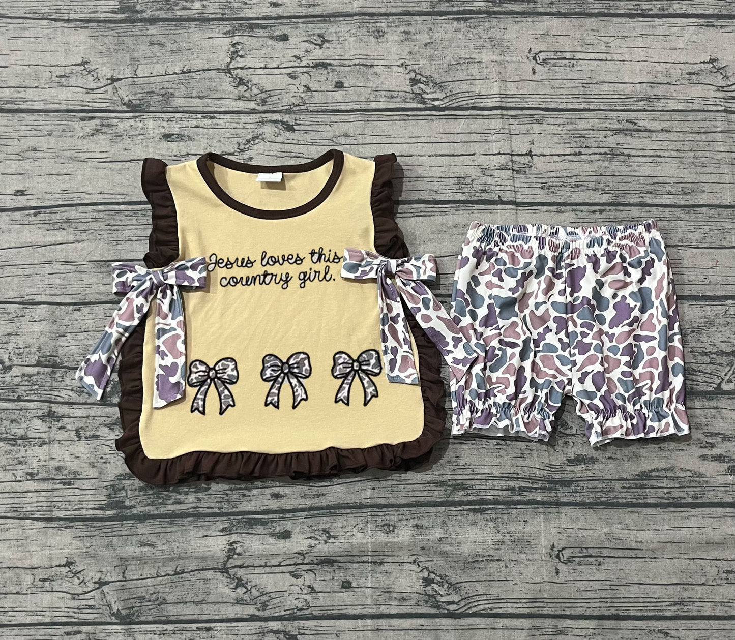 GSSO2730 Embroidery Jesus Love Me Camo Bows Baby Girls Top Ruffle Shorts Clothes Sets  D 1206