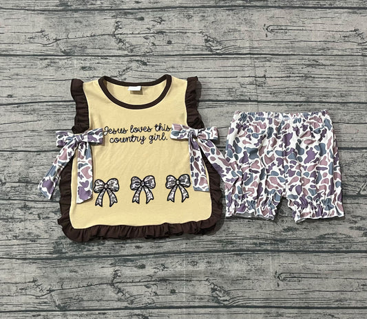 presale GSSO2730 Embroidery Jesus Love Me Camo Bows Baby Girls Top Ruffle Shorts Clothes Sets  D 1001