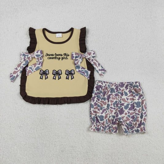 GSSO2730 Embroidery Jesus Love Me Camo Bows Baby Girls Top Ruffle Shorts Clothes Sets  D 1206