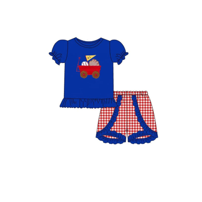 presale GSSO2734 Baby Girls Baseballs Truck Top Checked Ruffle Shorts Team Clothes Sets  D 1010