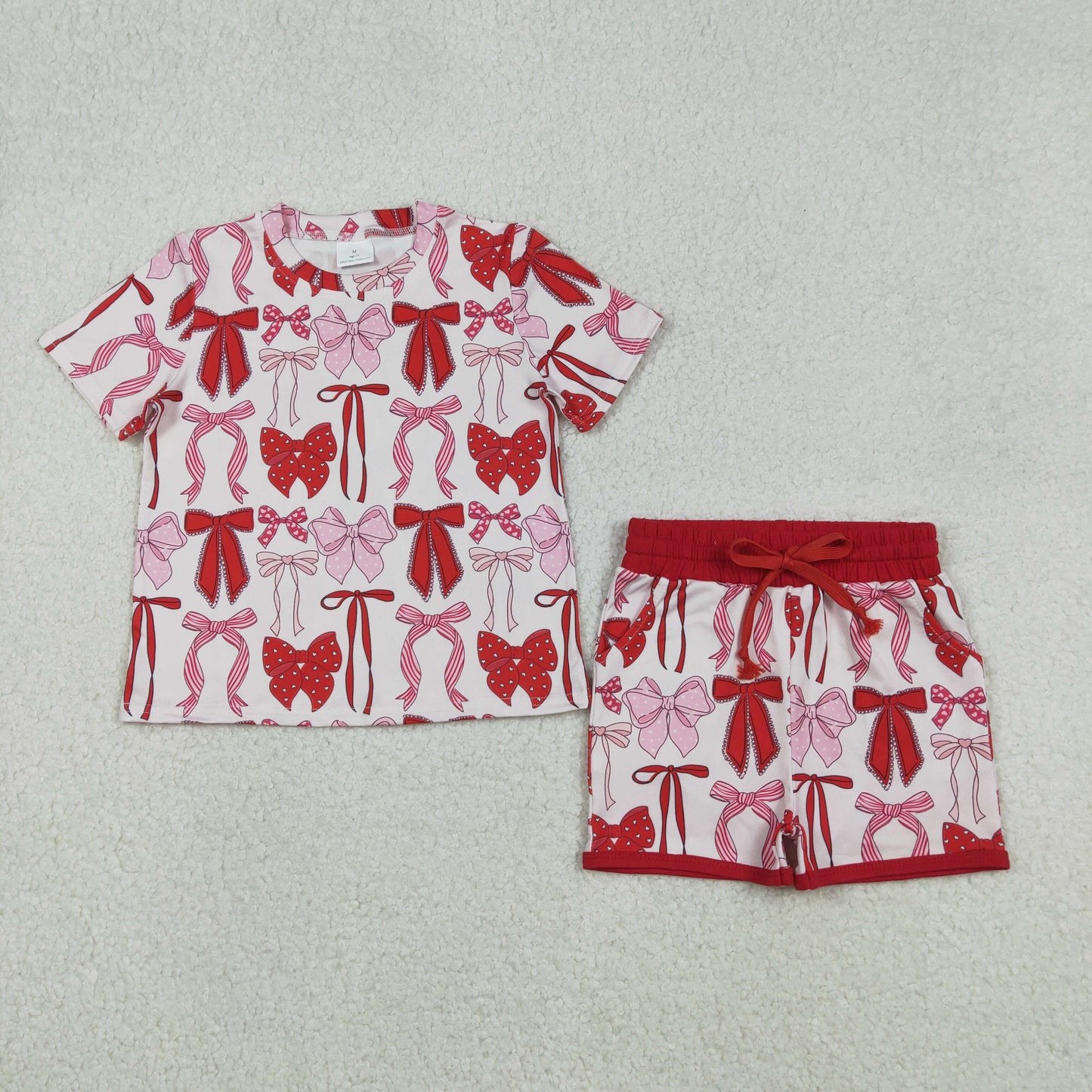 Sibling Baby Girls 4th of July Pajamas Set Short Sleeve Red Bows Top with Pockets Blue Matching Shorts Outfit Clothes Set