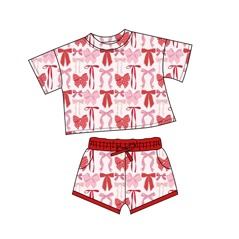 presale GSSO2737 Baby Girls Red Pink Bows Plaid Top Pockets Shorts Valentine Clothes Sets  D 1010