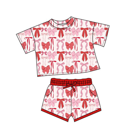 presale GSSO2737 Baby Girls Red Pink Bows Plaid Top Pockets Shorts Valentine Clothes Sets  D 1010