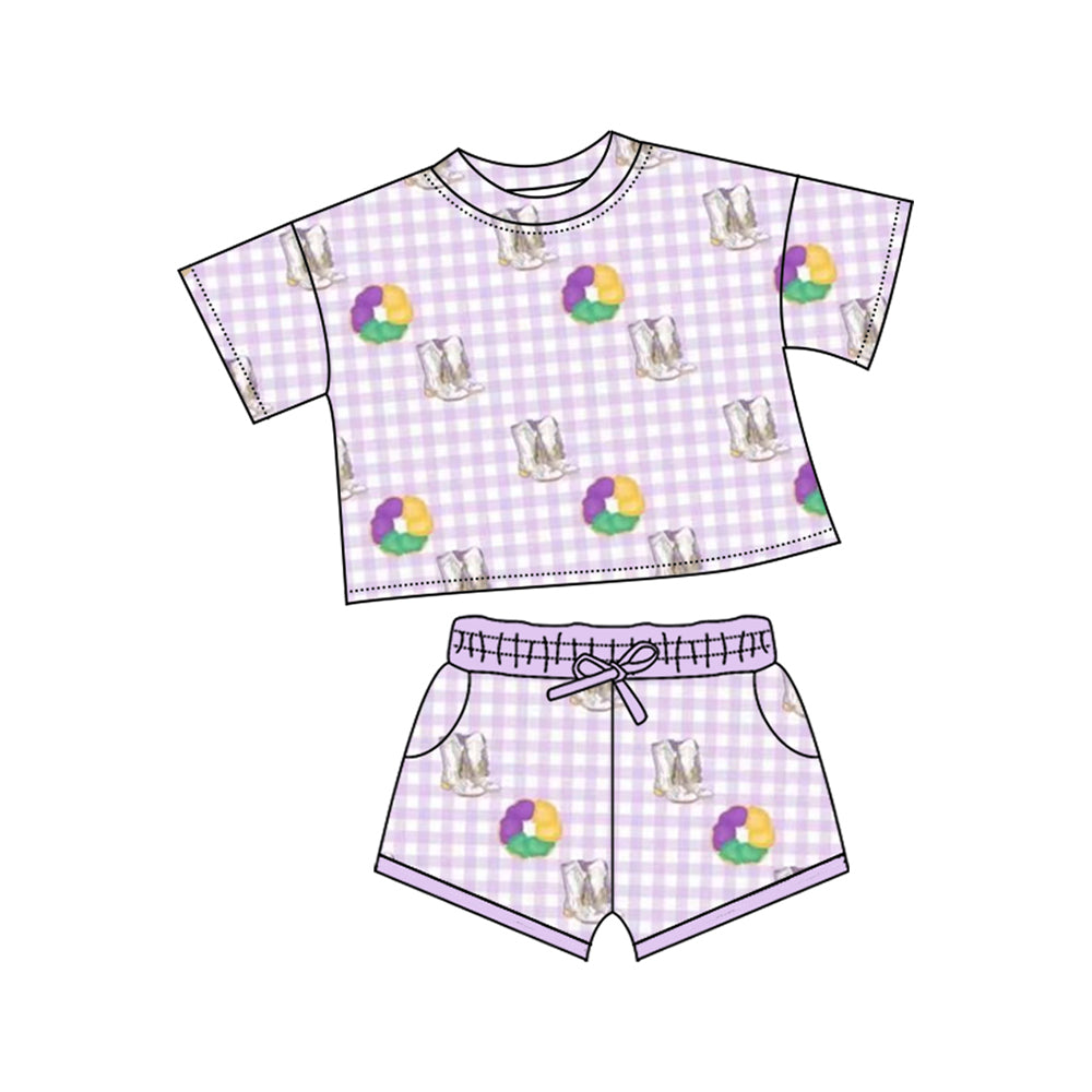presale GSSO2740  Baby Girls Mardigras Boots Donuts Checked Top Pockets Shorts Clothes Sets  D 1010