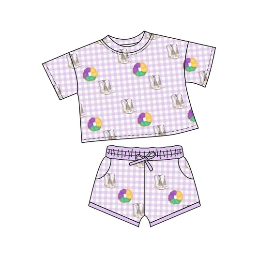 presale GSSO2740 Baby Girls Mardigras Boots Donuts Checked Top Pockets Shorts Clothes Sets D 1010