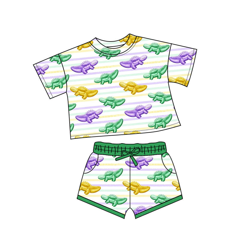 presale GSSO2741 Baby Girls Mardigras Stripes Crocodiles Top Pockets Shorts Clothes Sets  D 1013