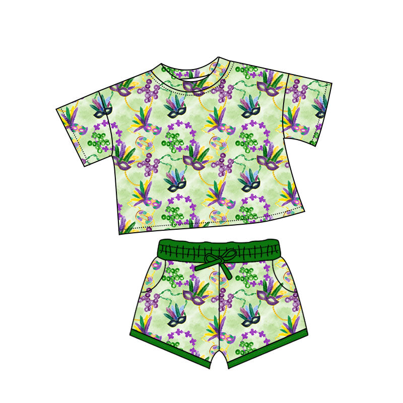 presale GSSO2743 Baby Girls Mardigras Anchor Masks Top Pockets Shorts Clothes Sets  D 1011