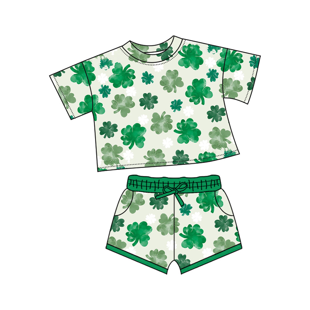 presale GSSO2744  Baby Girls Green Clovers Top Pockets Shorts St Patrick Clothes Sets D 1011
