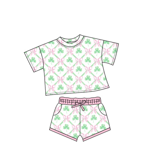 presale GSSO2745 Baby Girls Bows Clovers Checked Top Pockets Shorts St Patrick Clothes Sets  D 1011
