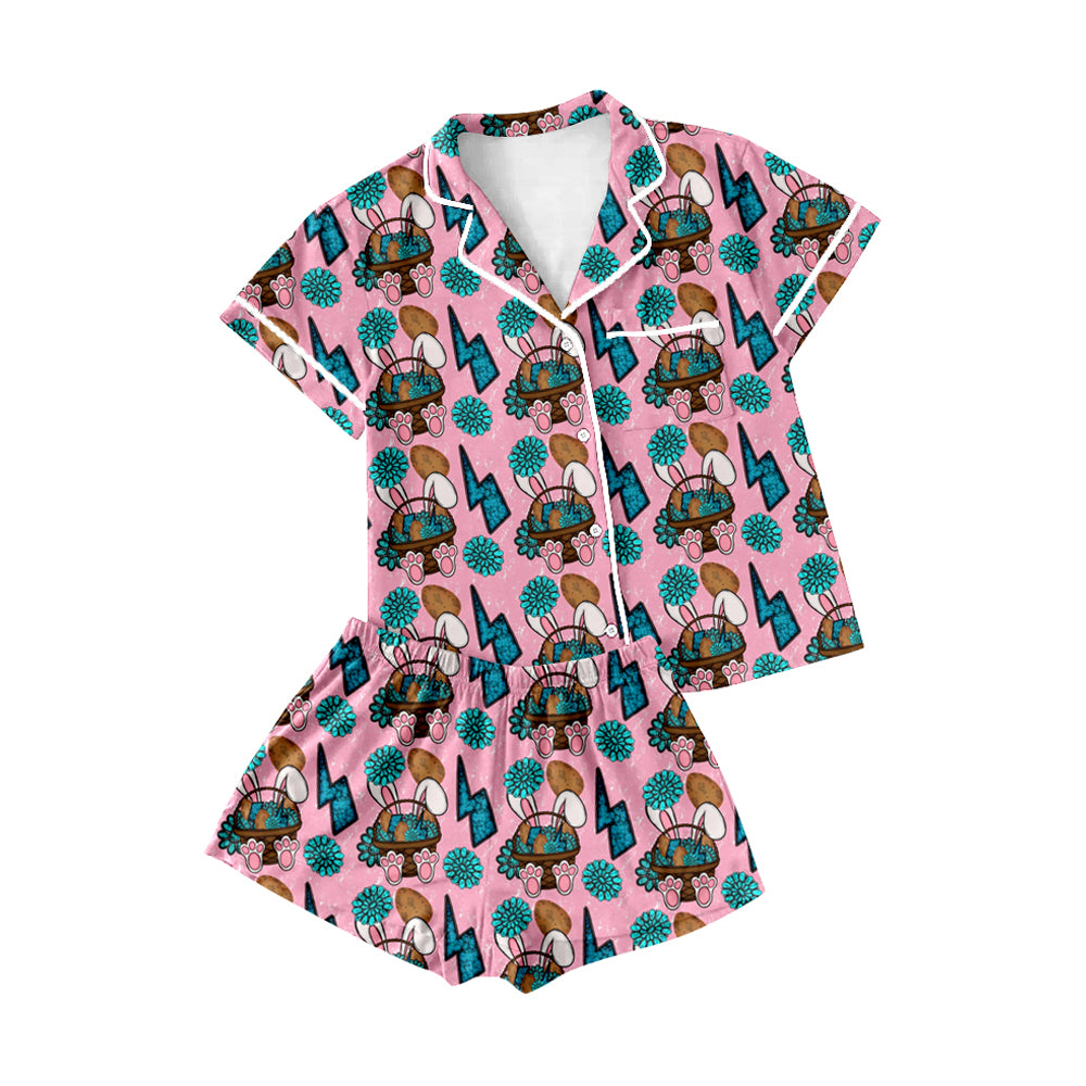 presale GSSO2747 Adult Women Rabbits Eggs Turquoises Button Top Shorts Easter Pajamas Set  D 1011