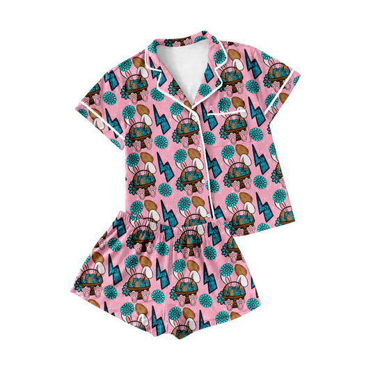 presale GSSO2747 Adult Women Rabbits Eggs Turquoises Button Top Shorts Easter Pajamas Set  D 1011