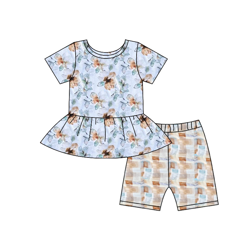 presale GSSO2748 Baby Girls Blue Flowers Ruffle Tunic Shorts Clothes Sets  D 1014