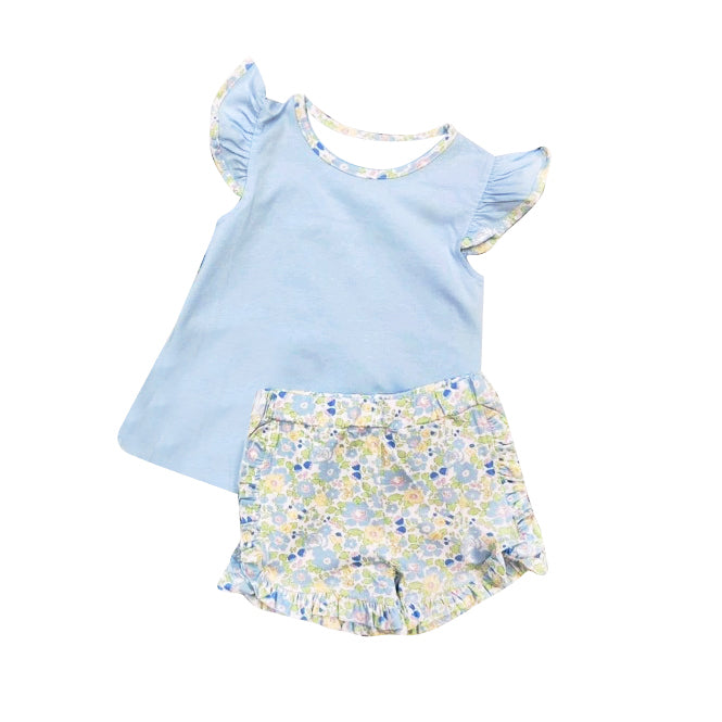 presale GSSO2751 Baby Girls Light Blue Flutter Sleeve Top Floral Ruffle Shorts Clothes Sets D 1015