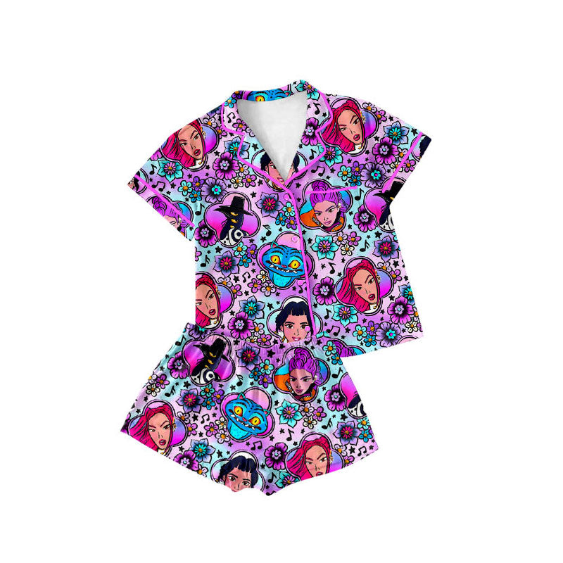 presale GSSO2753 Baby Girls Flowers Cartoon Girls Button Pocket Top Shorts Pajamas Sets  D 1017