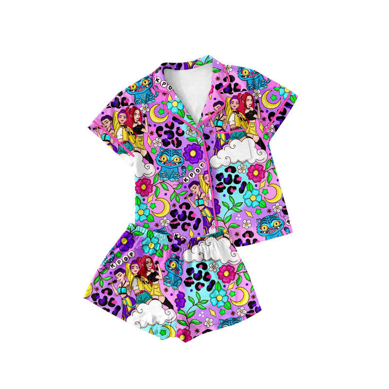 presale GSSO2754 Baby Girls Leopard Cartoon Girls Button Pocket Top Shorts Pajamas Sets  D 1017