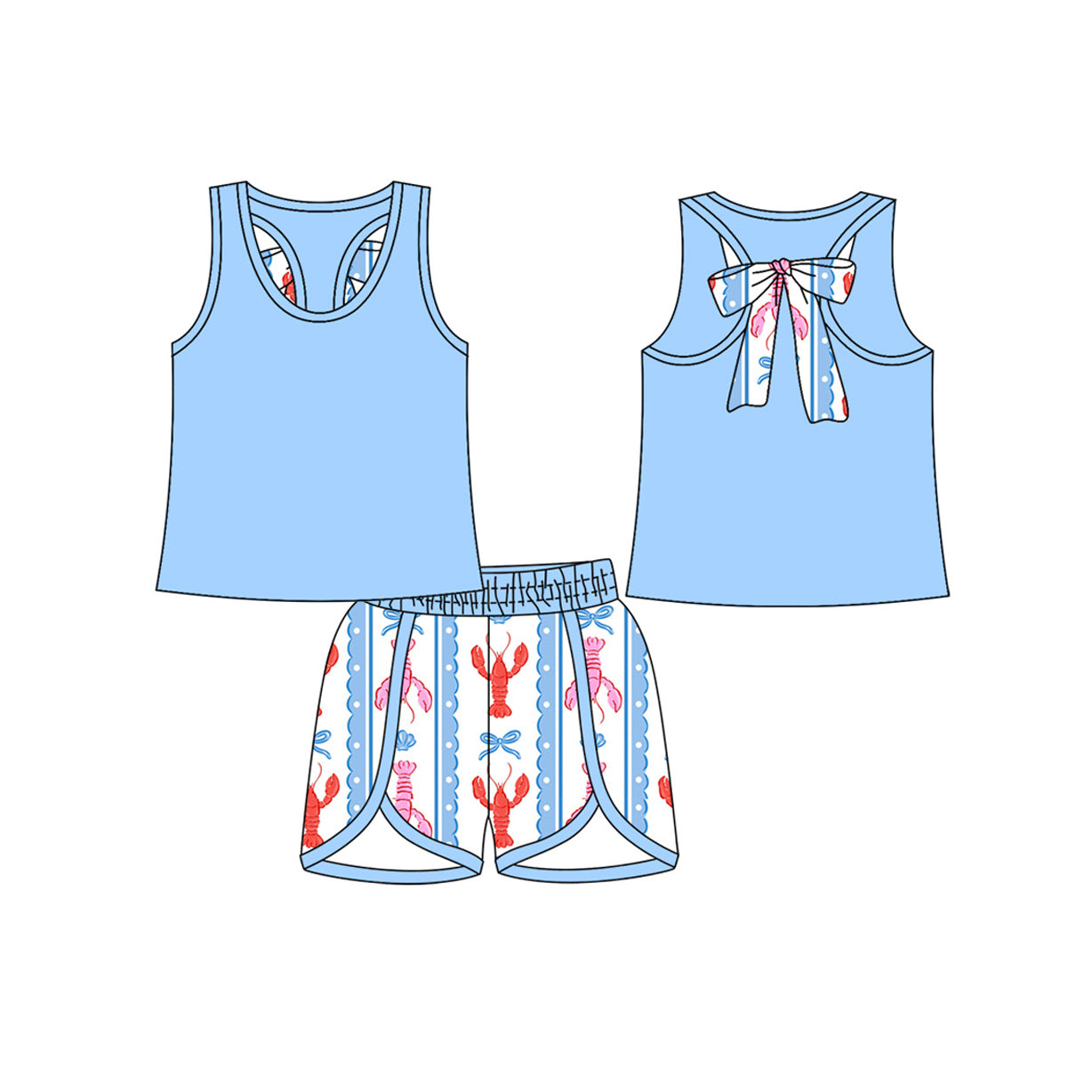 presale GSSO2755 Baby Girls Blue Sleeveless Back Bow Top Shorts Clothes Sets  D 1017