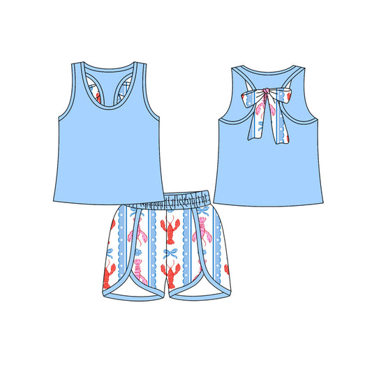 presale GSSO2755 Baby Girls Blue Sleeveless Back Bow Top Shorts Clothes Sets  D 1017