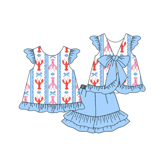presale GSSO2756 Baby Girls Bows Crayfishes Back Bow Tunic Ruffle Shorts Clothes Sets D 1017
