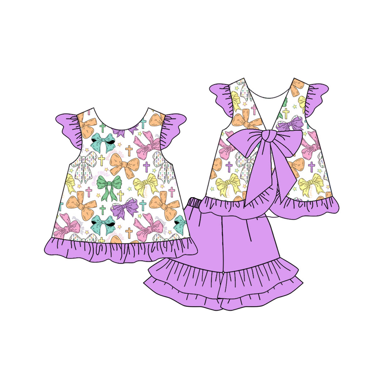 presale GSSO2758 Baby Girls Bows Crosses Back Bow Tunic Ruffle Shorts Easter Clothes Sets  D 1017