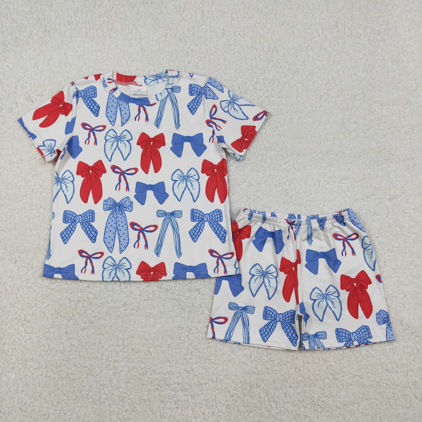 Baby Girls 4th of July Pajamas Set with Blue Red Bows Top And Shorts Patriotic Clothing for Babies