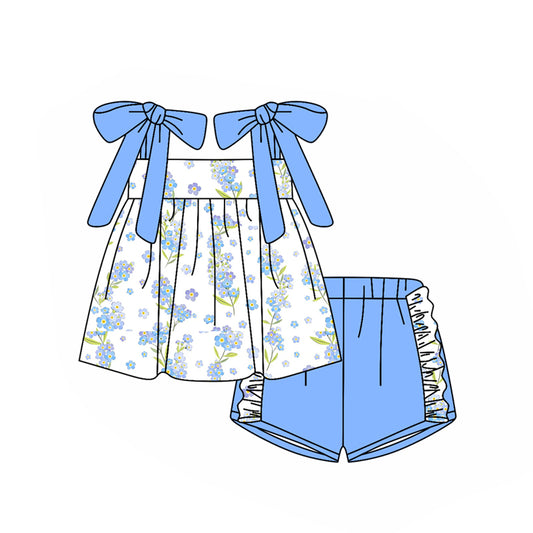 presale GSSO2776 Baby Girls Blue Strap Flowers Tunic Ruffle Shorts Clothes Sets D 1029