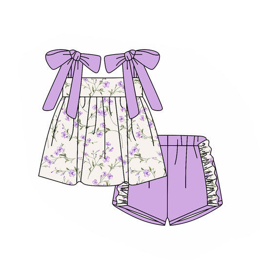 presale GSSO2777 Baby Girls Lavender Strap Flowers Tunic Ruffle Shorts Clothes Sets D 1029