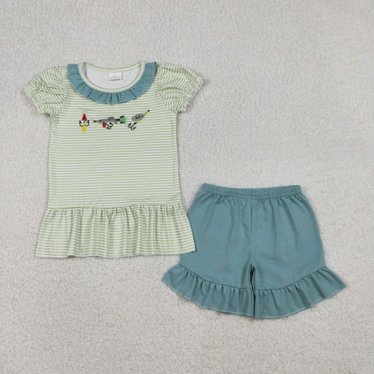Embroidery Fishing Baby Girls Stripe Collar Tunic Ruffle Shorts Set Cute Hunting Theme Outfit for Little Girls