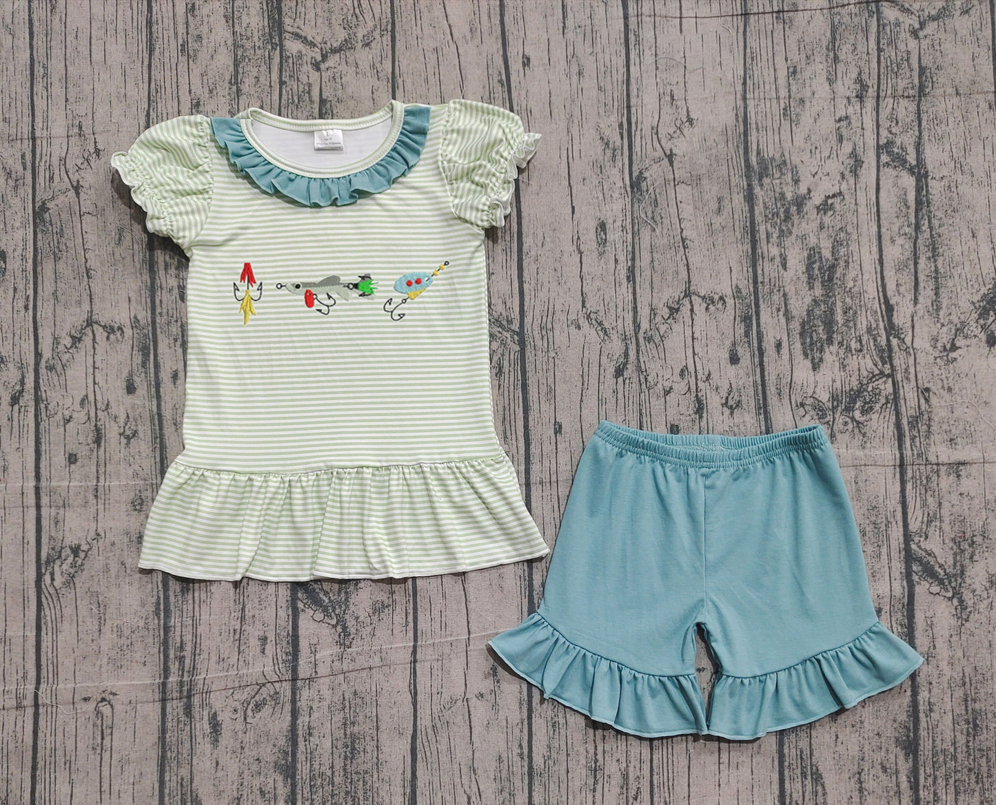 presale GSSO2792 Embroidery Fishing Baby Girls Stripe Callor Tunic Ruffle Shorts Hun  D 1202