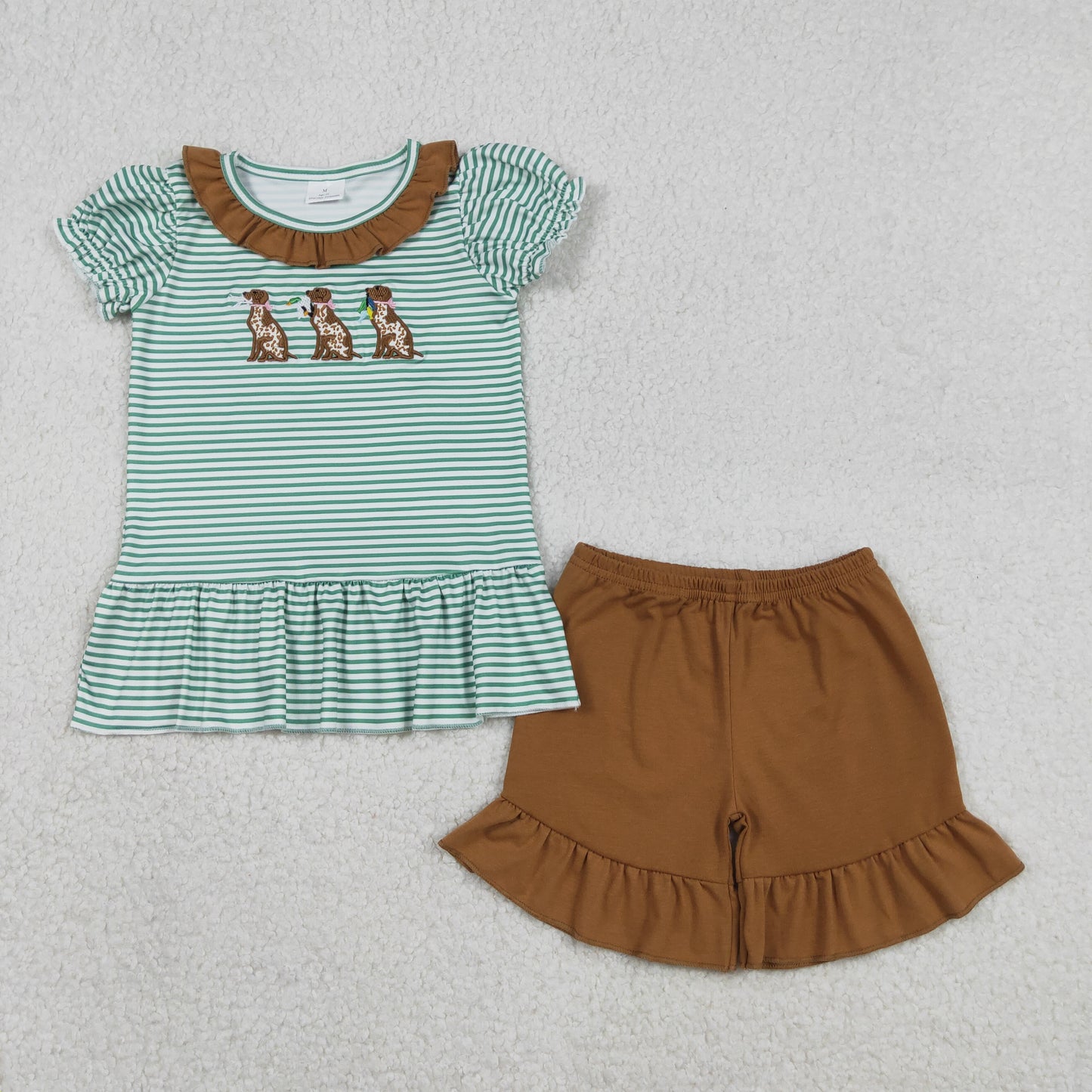 Baby Girls Hunting Clothes Sets Embroidery Ducks Dogs Stripe Collar Tunic Ruffle Shorts Outfit for Little Girls
