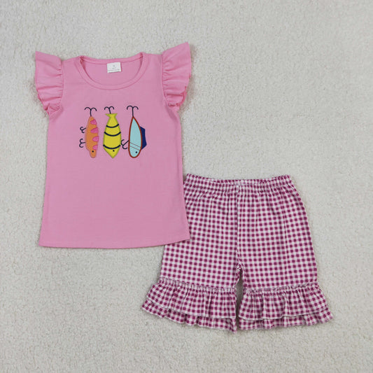 Baby Girls Embroidery Fishing Shirt with Checked Ruffle Shorts - Hunting Themed Outfit Set for Little Ones