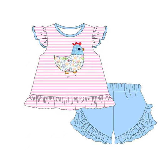 presale GSSO2797 Baby Girls Stripe Floral Chick Tunic Ruffle Shorts Farm Clothes Sets D 1104