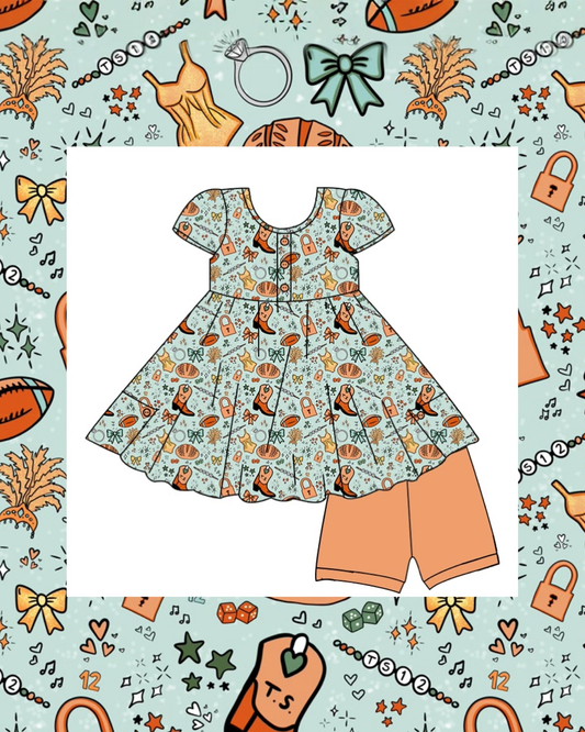 presale GSSO2798 Baby Girls Boots Footballs Short Sleeve Button Tunic Shorts Team Clothes Sets  D 1104