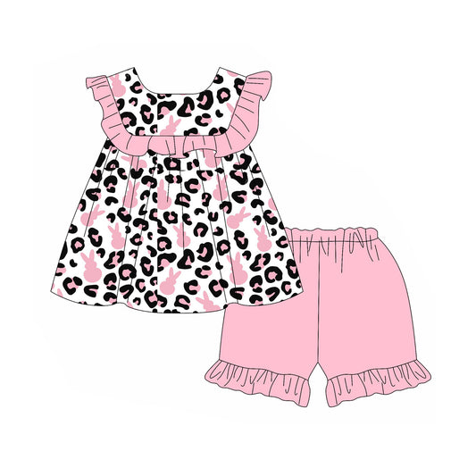 presale GSSO2800 Baby Girls Pink Rabbits Leopard Tunic Ruffle Shorts Easter Clothes Sets D 1107