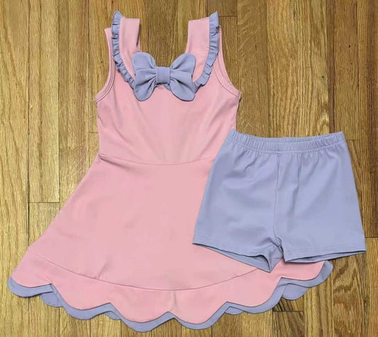 presale GSSO2802 Baby Girls Pink Sleeveless Ruffle Collar Tunic Shorts Yoga Clothes Set   D 1108