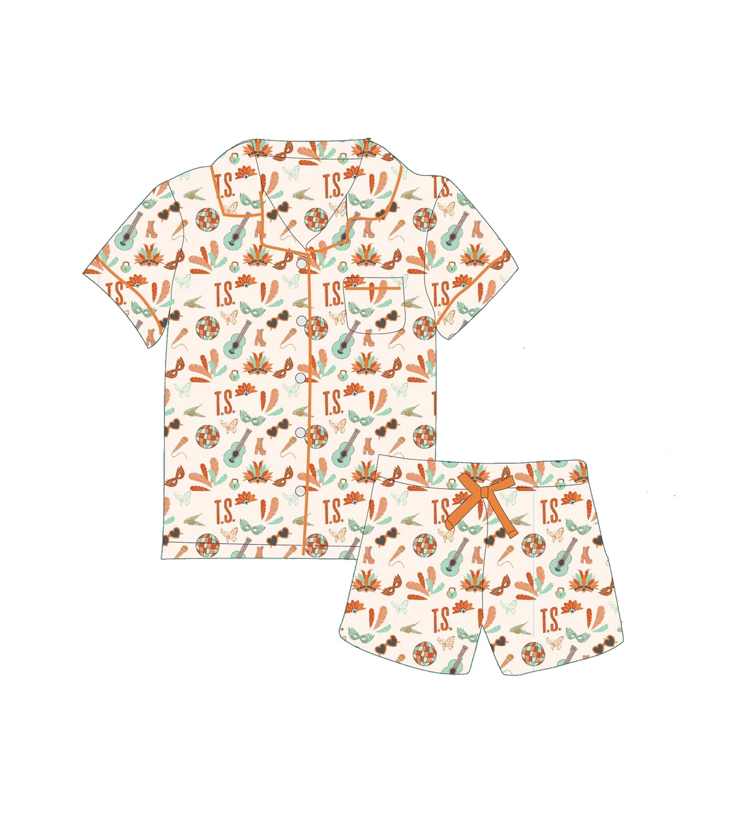 presale GSSO2803 Baby Girls Glasses Guitars Button Pockets Shorts St Patrick Pajamas Sets   D 1108