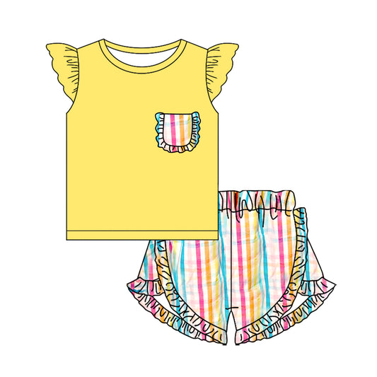 presale GSSO2809 Baby Girls Colorful Stripe Pocket Top Ruffle Shorts Clothes Sets D 1114