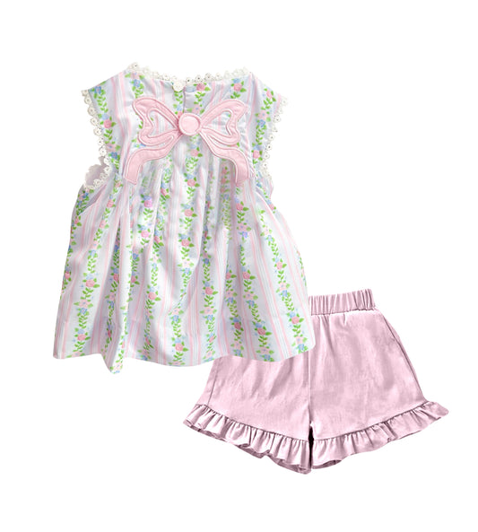 presale GSSO2810  Baby Girls Pink Bows Flowers Stripe Tunic Ruffle Shorts Clothes Sets D 1114