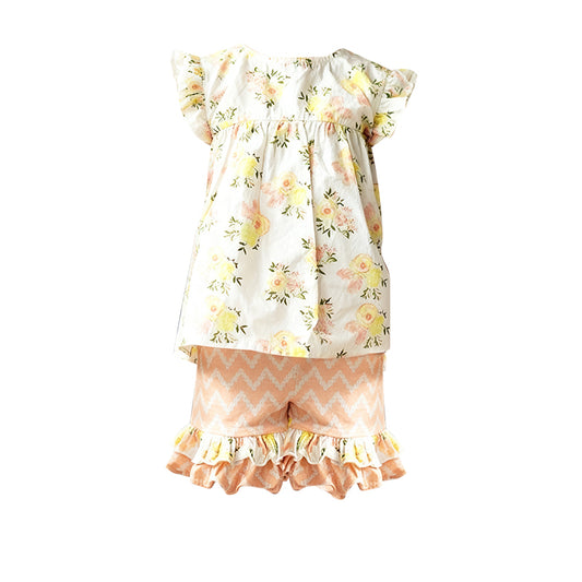 presale GSSO2811  Baby Girls Light Pink Flowers Tunic Ruffle Shorts Clothes Sets  D 1114